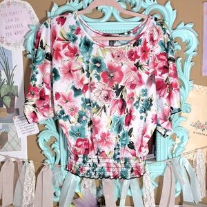BCX Satin Floral Flowy Blouse Junior’s Sz.M Smocked Fitted Hem Feminine Romantic